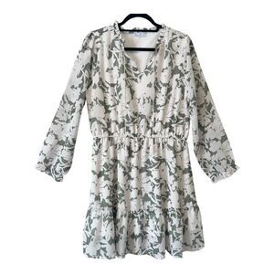 Keren Hart Womens Cream Olive Green Floral Print Long Sleeve Ruffle Dress Medium